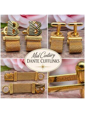 Vintage Dante Gold Tone B Monogram Cufflinks Mesh Shirt Wraps Set Mid Century